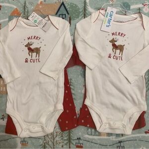 Carter's White Bodysuit Set with Reindeer Design 3-6M Christmas Twin Girls